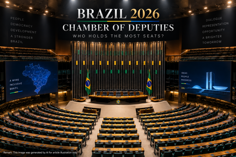 Cinematic editorial illustration of Brazil’s Chamber of Deputies interior for the 2026 federal-deputy election market