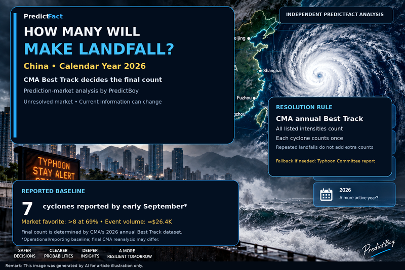 Cinematic editorial illustration of a tropical cyclone approaching China with CMA resolution and 2026 landfall market context.