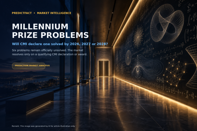 Cinematic mathematical institute scene for a CMI Millennium Prize Problem prediction market analysis