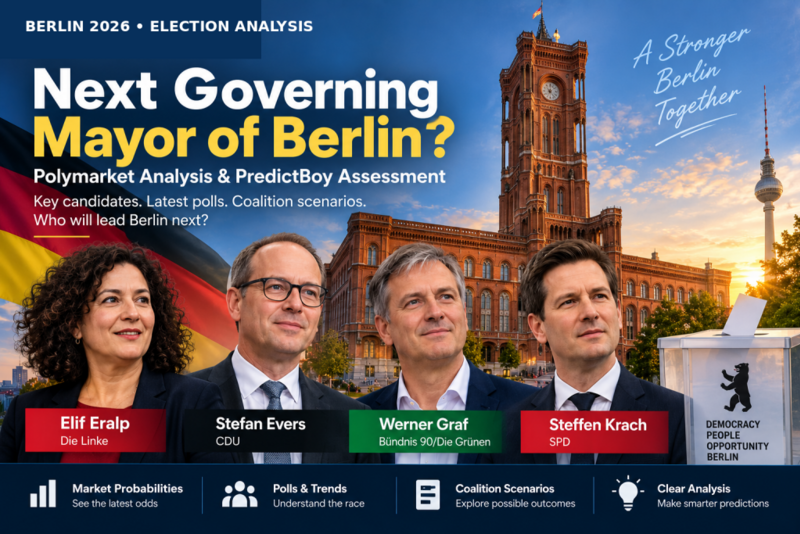Editorial Berlin 2026 Governing Mayor analysis graphic featuring Elif Eralp Stefan Evers Werner Graf and Steffen Krach with Berlin city hall context