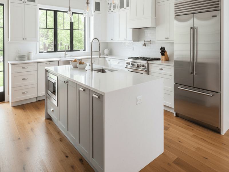 Modern kitchen remodel with white cabinets by Hubble Contracting