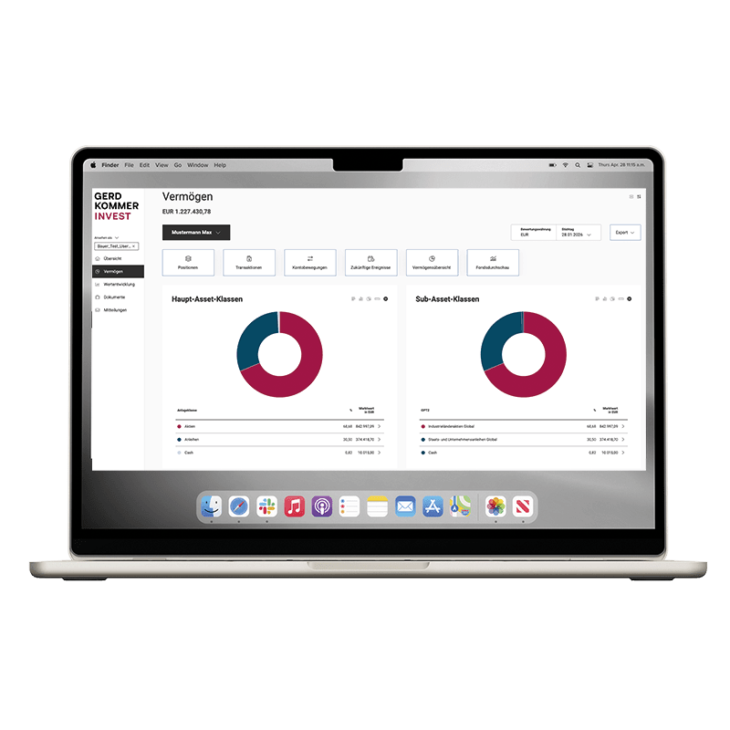 Laptop zeigt Asset-Allokation mit Tortendiagrammen im Gerd Kommer Invest Dashboard.
