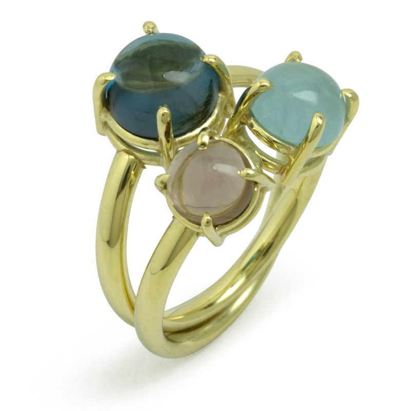 Yellow golden ring with blue topaz, aquamarine and smokey quartz