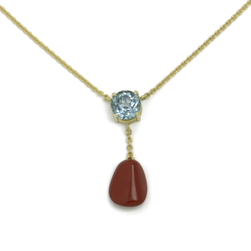 Yellow gold necklace with blue topaz and red jasper
