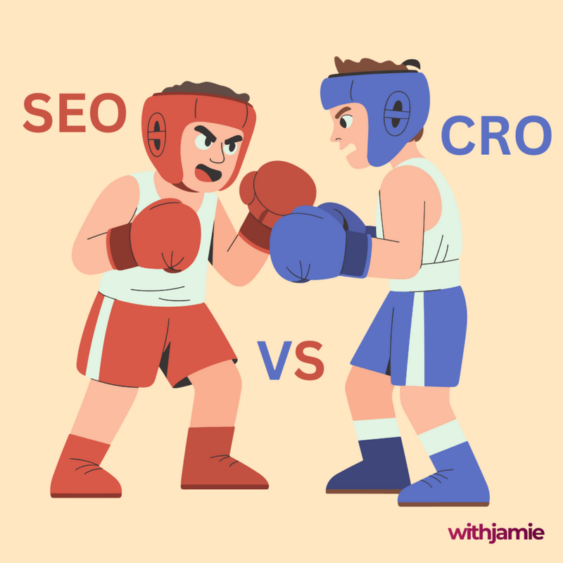 Two male cartoons boxing, one labelled as SEO (red) and the other as CRO (blue)
