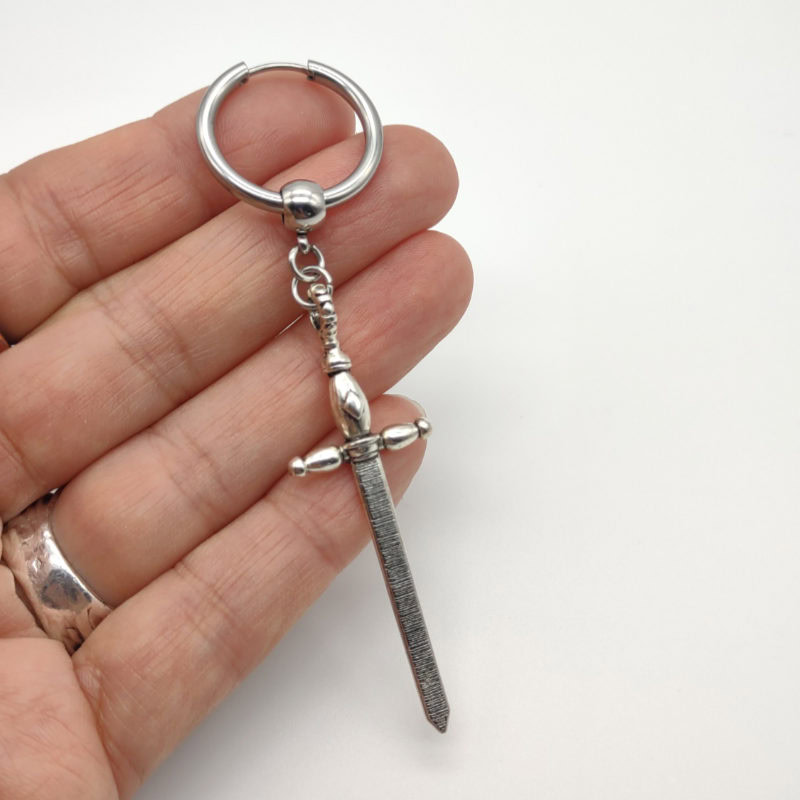 A Knights Tale, a medieval sword earring, long with large hoop