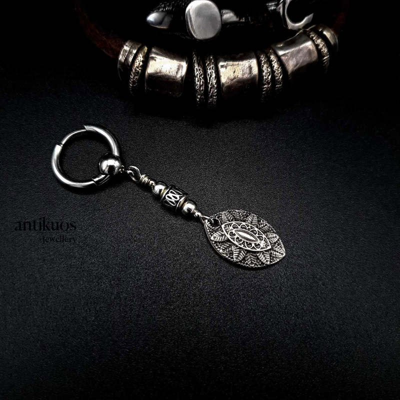 Rain Forest Shield earring, small tribal style detailed pendant with stainless steel small hoop