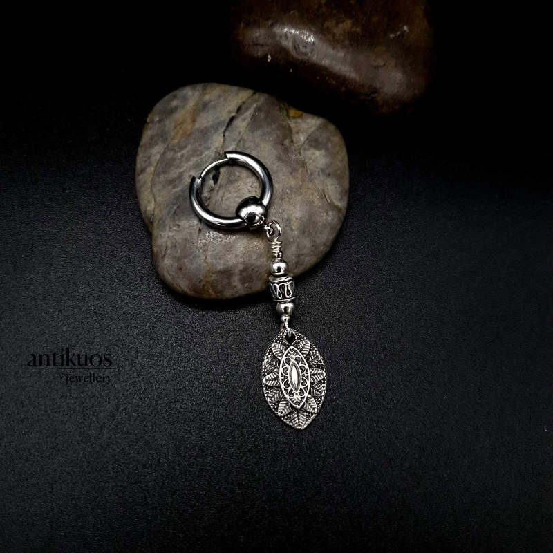 Rain Forest Shield earring, small tribal style detailed pendant with stainless steel small hoop
