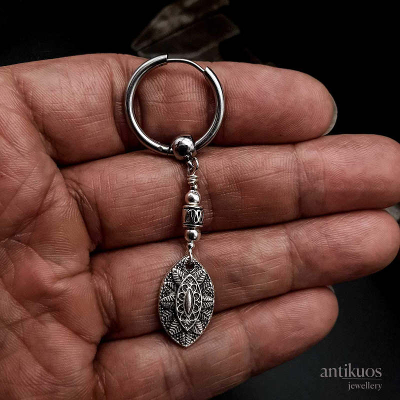 Rain Forest Shield earring, small tribal style detailed pendant with stainless steel large hoop