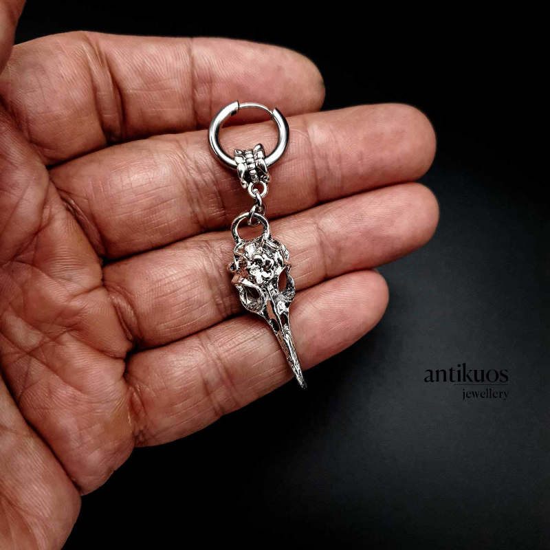 Gothic Raven earring, raven skull in metal and smallstainless steel hoop