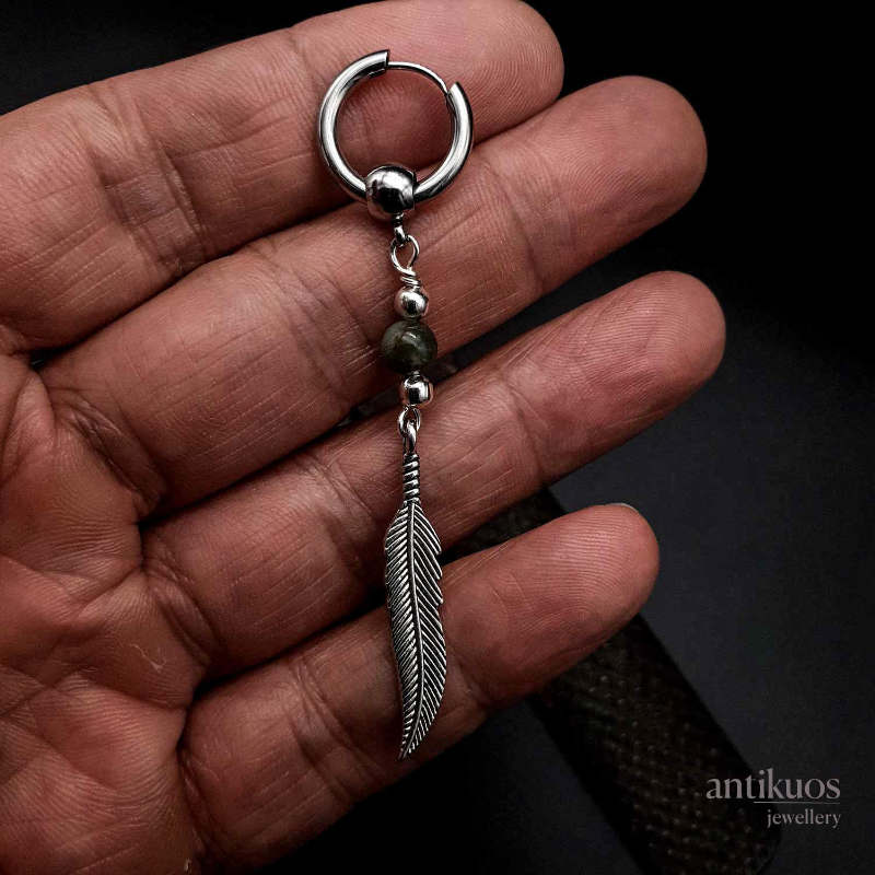 Indian agate feather earring, green gemstone and silver coloured feather on a small hoop