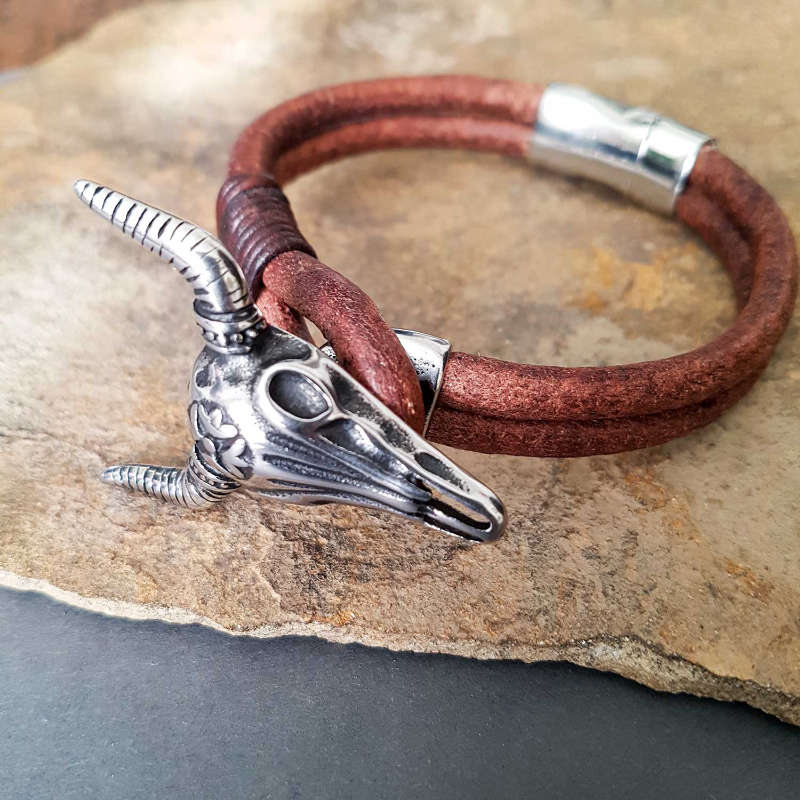 Bull skull leather bracelet