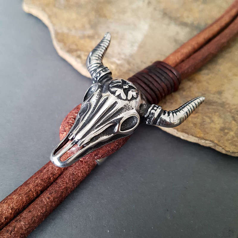 Bull skull leather bracelet close-up view