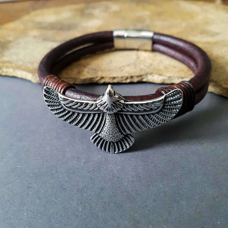 Eagle bracelet- large stainless steel eagle on a double row leather rope in dark brown
