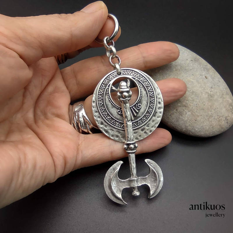 Minos, large earring with a round shield and double headed axe. Small hoop