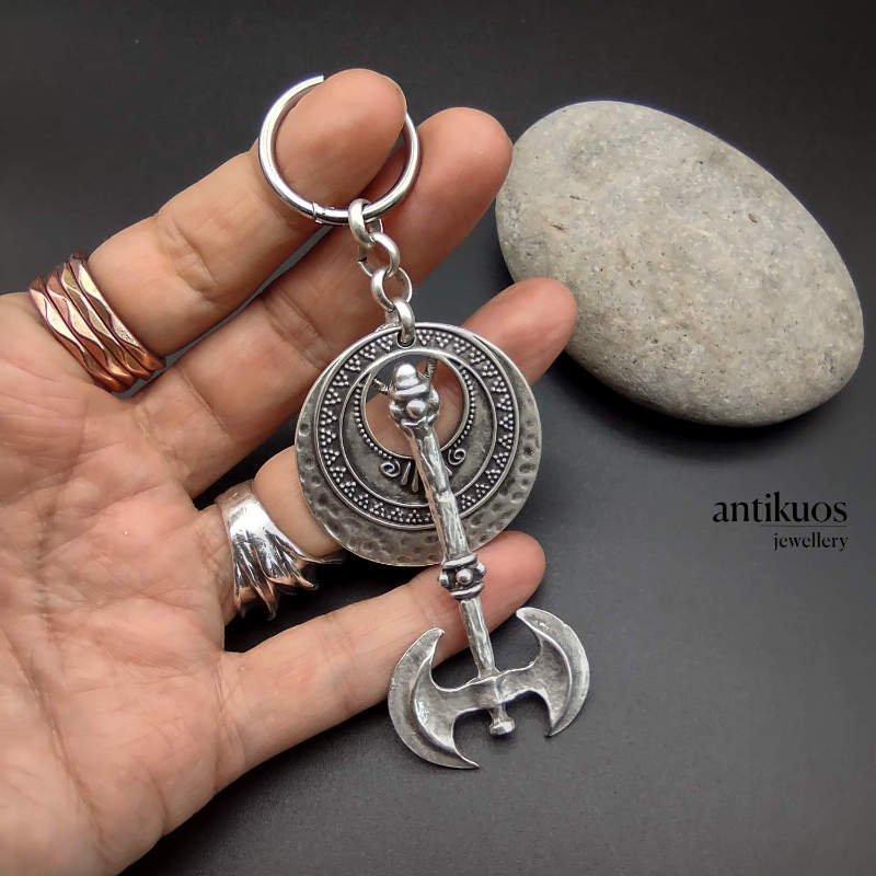 Minos, large earring with a round shield and double headed axe. Large hoop