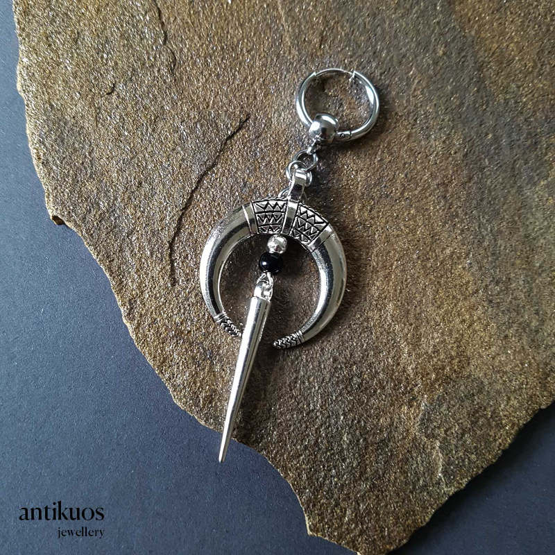 Silver moon earring with long spike and black Onyx gemstone. With small stainless steel hoop