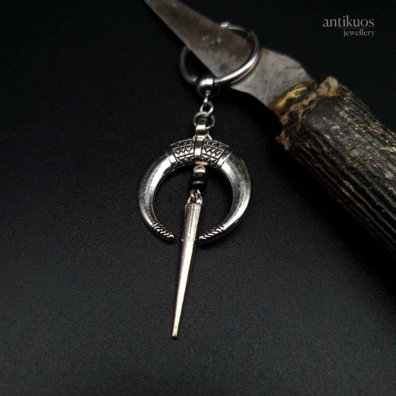 Silver moon earring with long spike and black Onyx gemstone. With large stainless steel hoop.