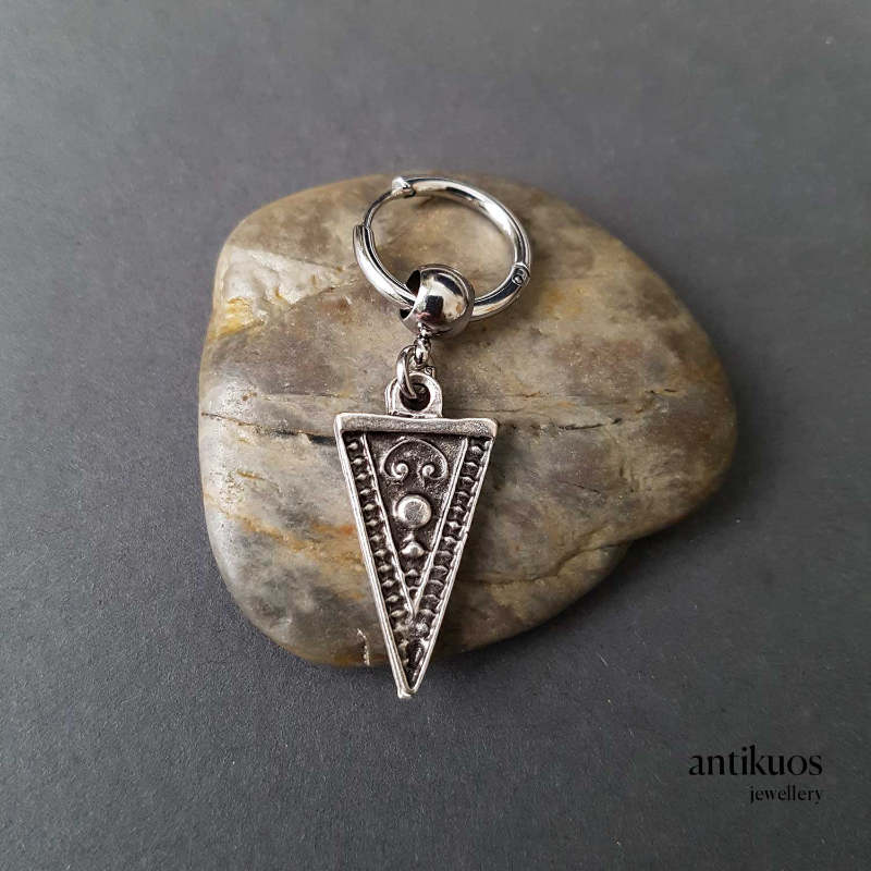 Ethnic triangle earring with small stainless steel hoop