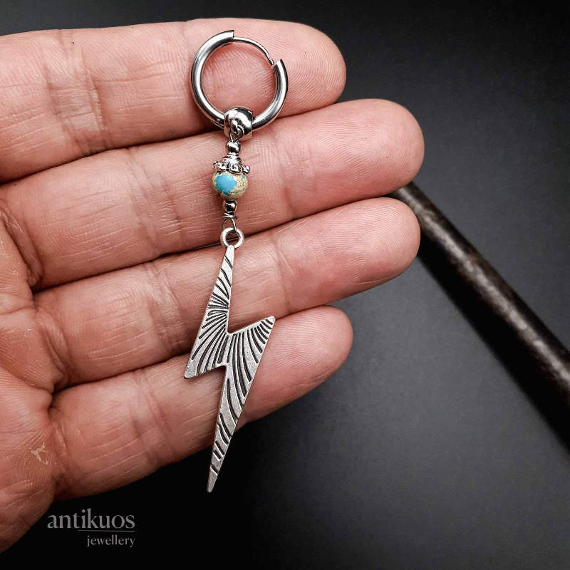 Thunderbolt earring in metal and blue impression Jasper gemstone. With small hoop
