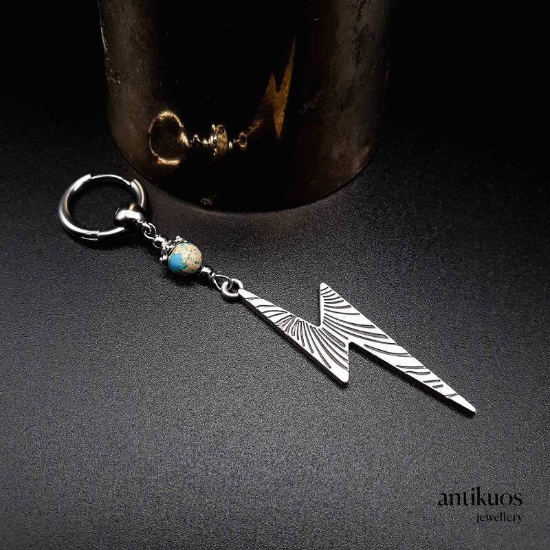 Thunderbolt earring in metal and blue impression Jasper gemstone. With small hoop