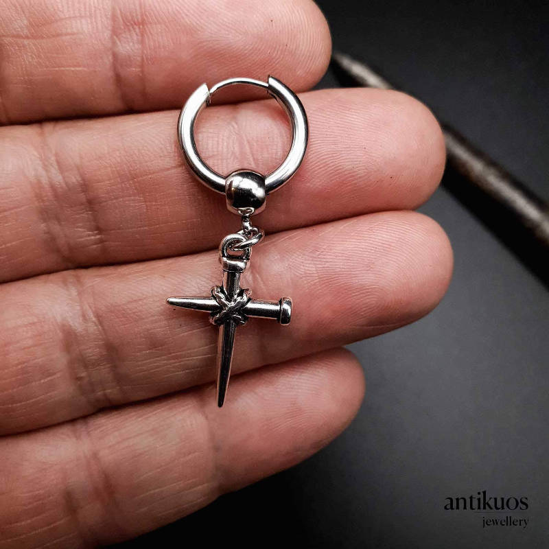 Crossed nails earring, a cross with big stainless steel hoop