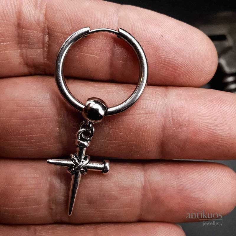 Crossed Nails earring, a cross with big stainless steel hoop