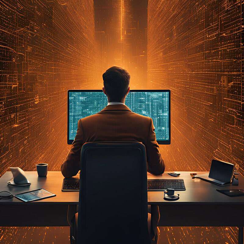 Professional seated at a desk facing a large monitor, surrounded by glowing orange data-center walls of circuitry (back view).