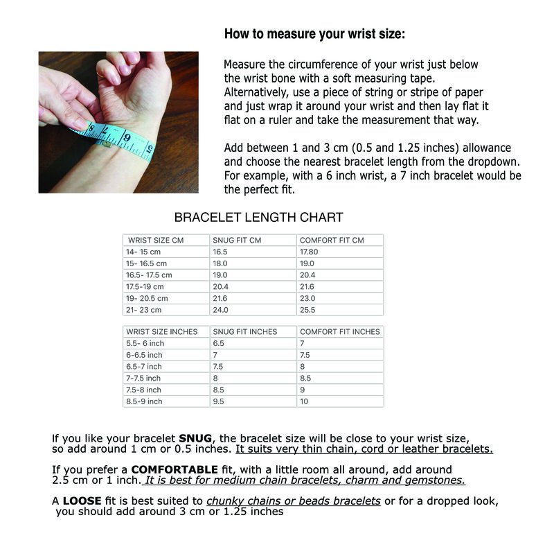 Wrist measurement guide and bracelet length chart.