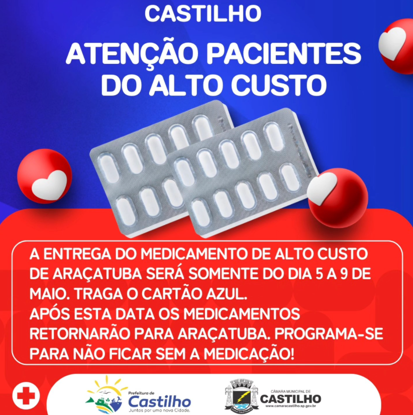 Entrega de medicamentos de alto custo: saiba como garantir o seu entre os dias 5 e 9 de maio 1 Pacientes de Castilho devem retirar medicamentos de alto custo entre os dias 5 e 9 de maio. Saiba o que levar e evite ficar sem a medicação!
