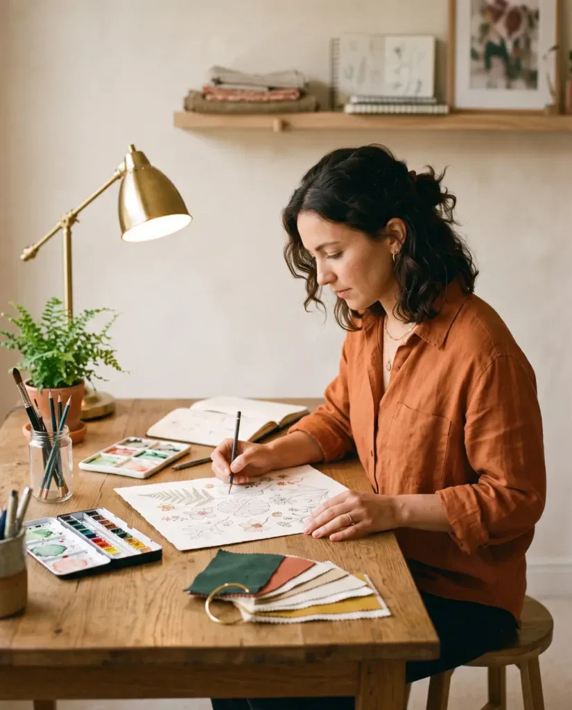 A designer sketching a botanical pajama print by hand at a clean studio desk, pencils and color swatches nearby, showing original prints starting with hand-drawing.