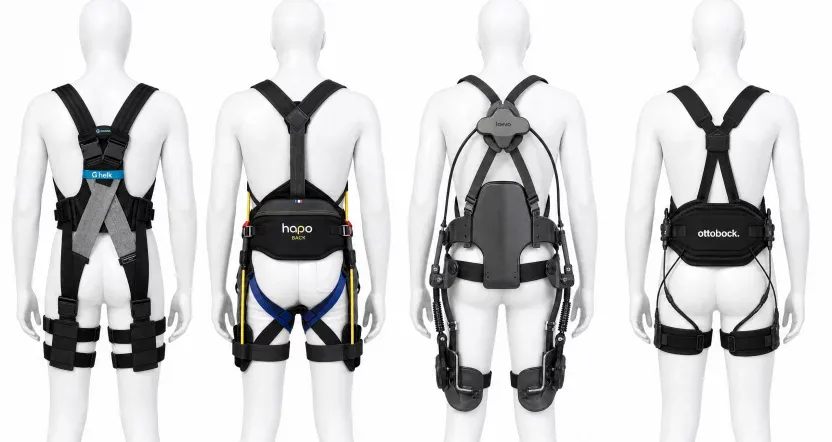 Comparativa de cuatro exoesqueletos lumbares pasivos: HELK de Gogoa, Hapo BACK, Laevo V2 y Ottobock Paexo Back sobre maniquíes