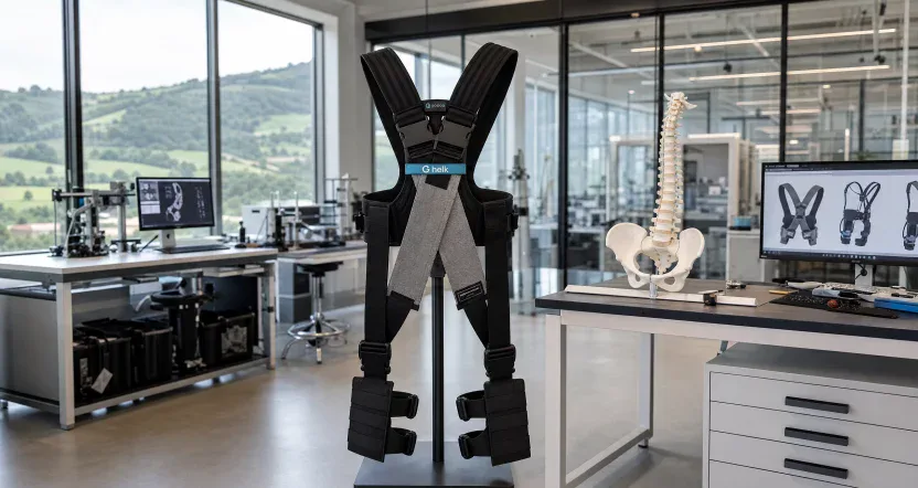 Exoesqueleto lumbar HELK de Gogoa Mobility Robots expuesto en laboratorio de I+D biomédico con paisaje vasco al fondo