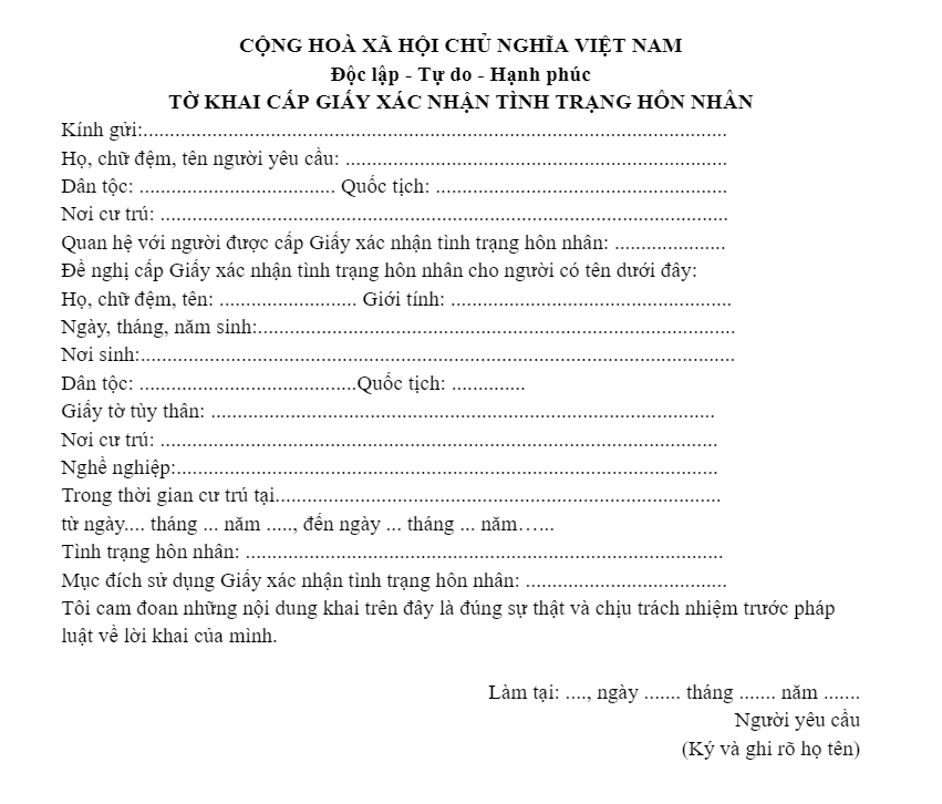Mẫu tờ khai xác nhận tình trạng hôn nhân hiện nay