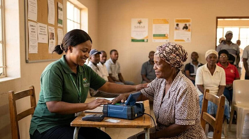 A SASSA official assists an elderly South African woman with biometric fingerprint verification at a local SASSA office
