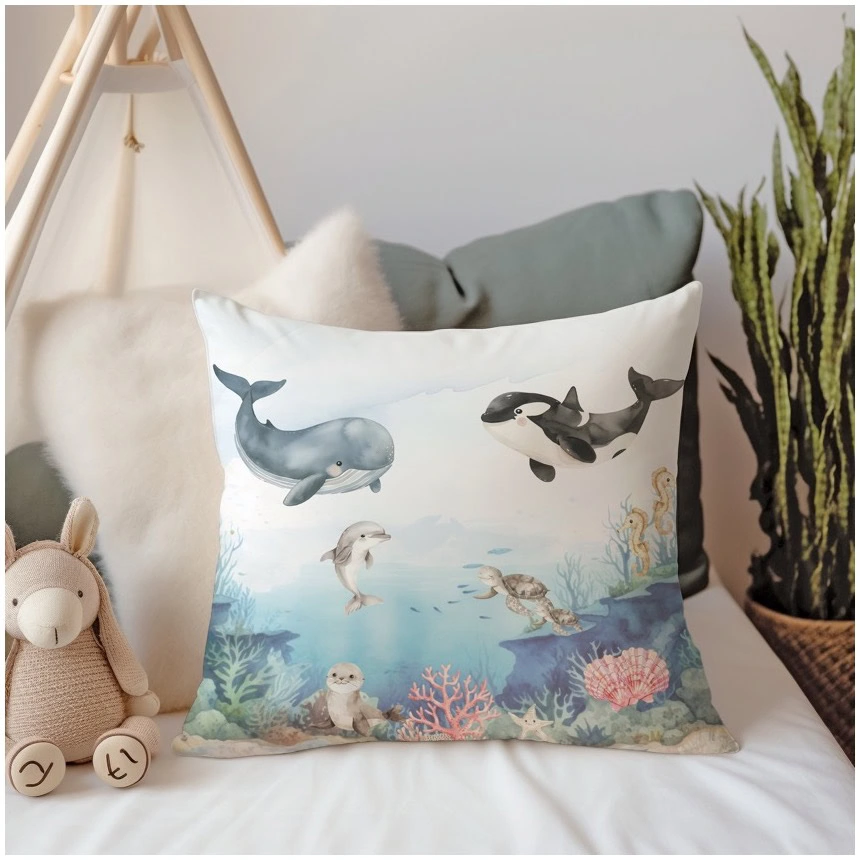Kinderkamer met kussen onderwaterwereld met orka en walvis