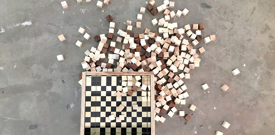CLAIRE EBENDINGER, MR.B, WOODEN BOX, MIRRORS, WOODEN CUBES, VINTAGE CHECKERS BOARD, 36 X 36 X 36 CM