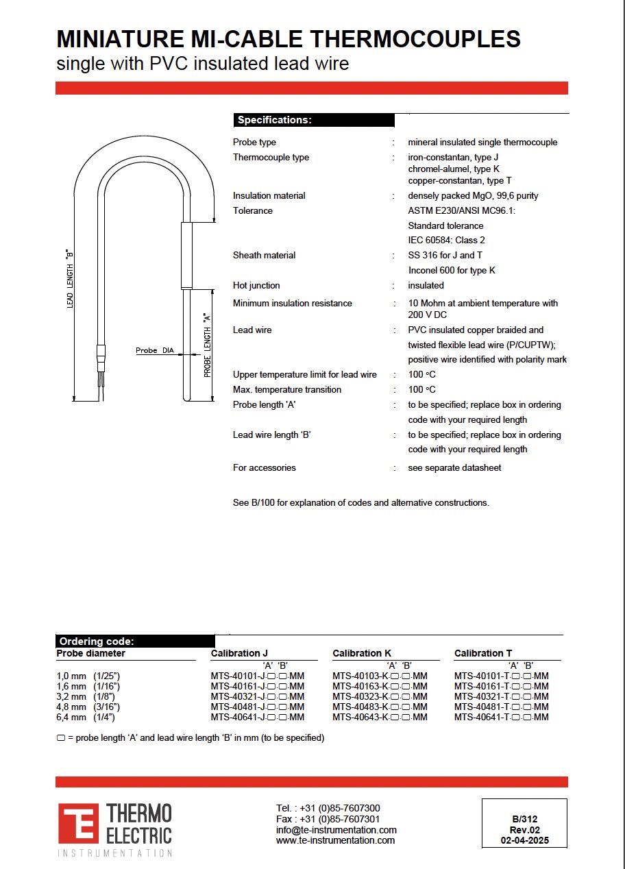 Miniature Mi-Cable Thermocouples Single with PVC Insulated Lead Wire