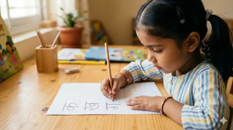 Indian girl carefully writing Hindi Devanagari letters on a worksheet — free printable Hindi worksheet for LKG and UKG