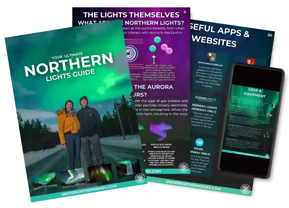 Here’s alt text for the image you provided: Three digital mockups of a Northern Lights guide, featuring a main cover with two people standing under vibrant green aurora in a snowy forest. Inner pages highlight topics like “What Are Northern Lights?”, “Useful Apps & Websites,” and “Gear & Equipment,” displayed on a phone screen. The design uses teal and purple tones with clear text and visuals aimed at educating aurora watchers.