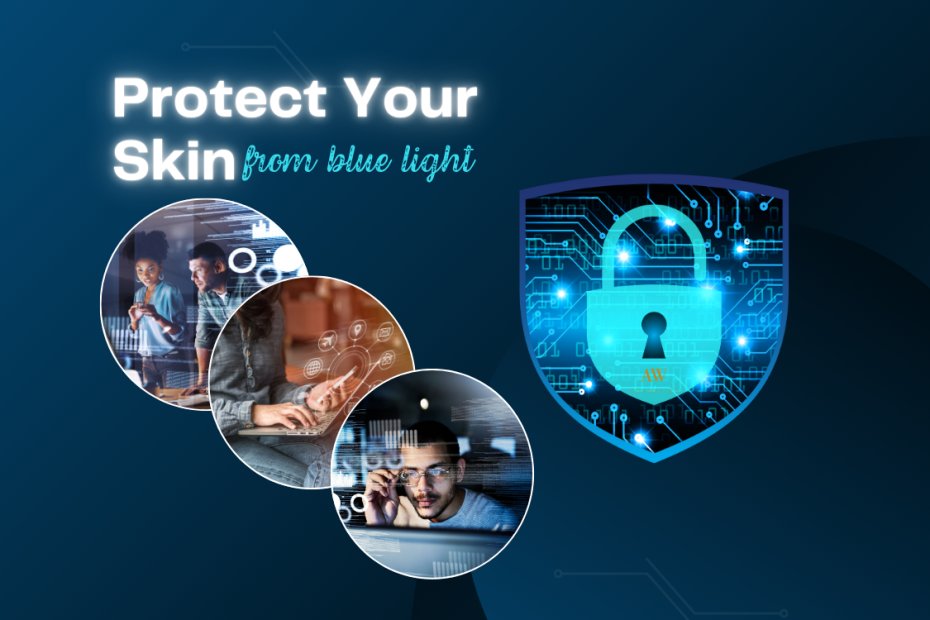 A képen angol felirat szerepel: védd a bőröd a kék fénytől. Emellett három kisebb fotó, amelyen kék fényt kibocsátó digitális eszközök vannak. Melletet egy lakat kékkel, amely a védellmet jelképezi. A lakaton látható az AW Cosmetics logója.