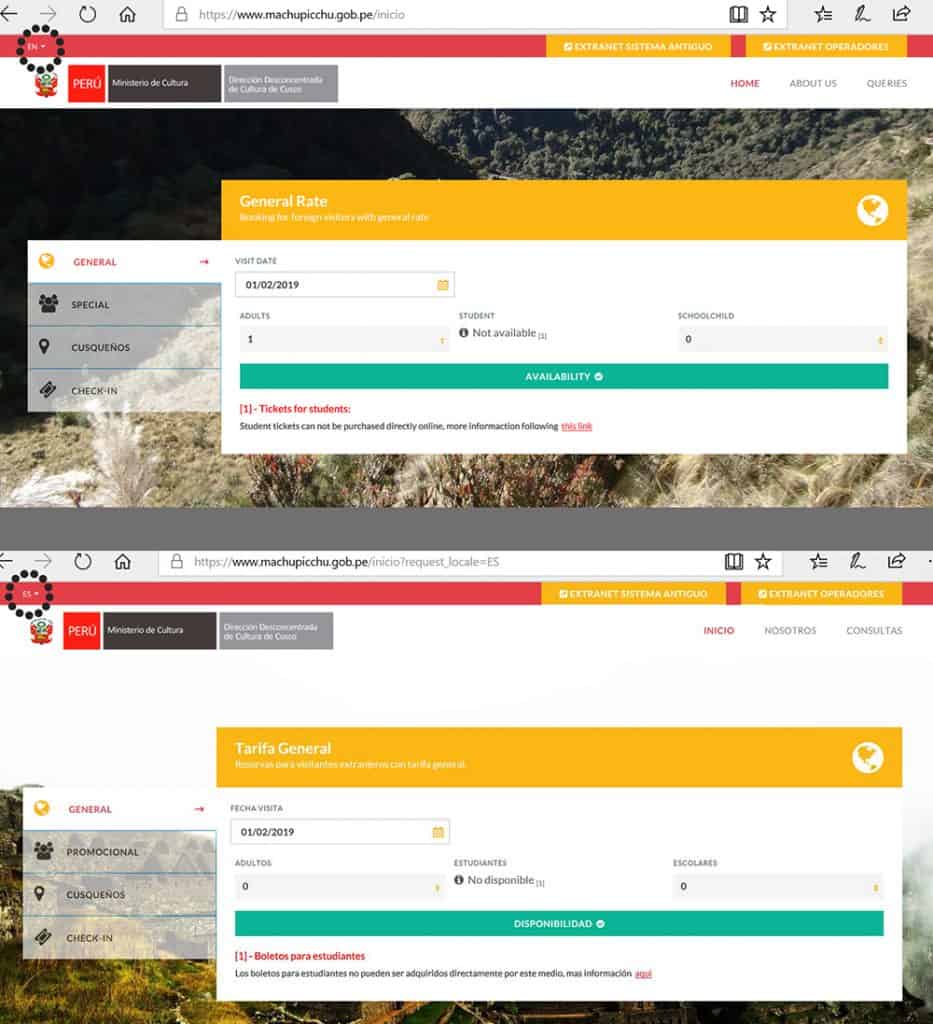 starting page in english and spanish