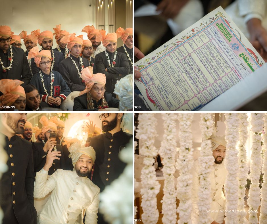 Groom looks at the bride through the flower curtain separation in a muslim wedding