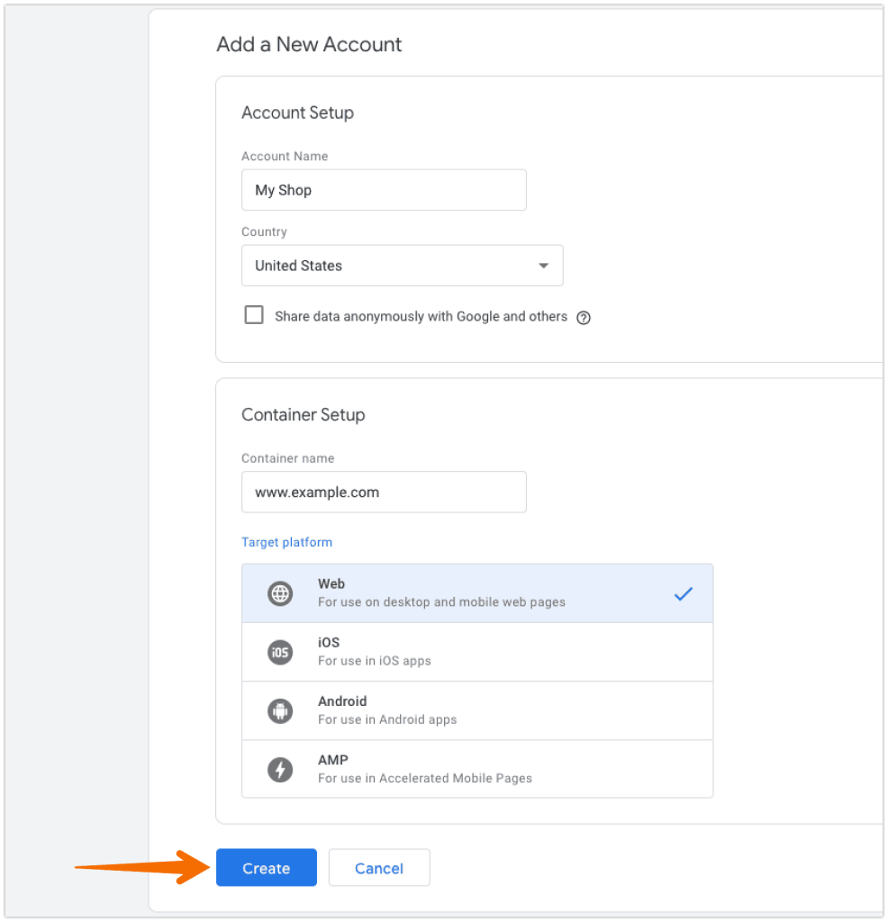 Enter the account and container name