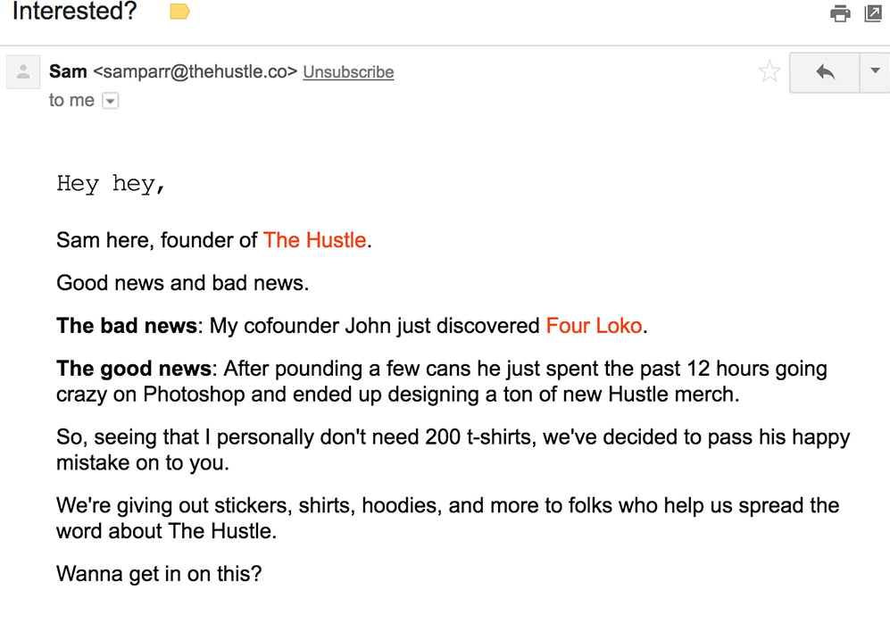 The Hustle email campaign example