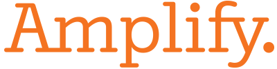 The word "Amplify." is written in large orange letters with a period at the end on a light gray background.