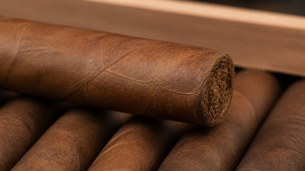Close-up of a premium hand-rolled cigar displaying the wrapper leaf texture, visible cap construction, and hand-crafted seam detail under warm studio lighting