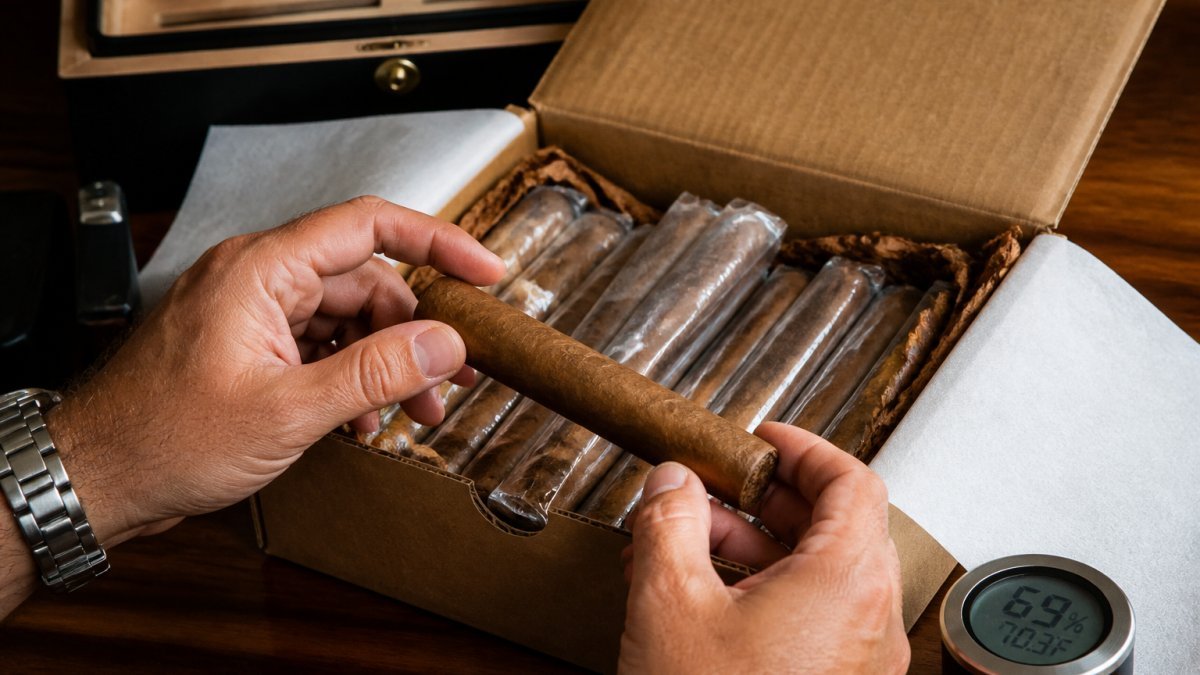 Close-up of hands carefully opening a cigar shipment box, examining a cigar wrapper for visible cracks or damage, with a digital hygrometer visible on the wooden surface nearby