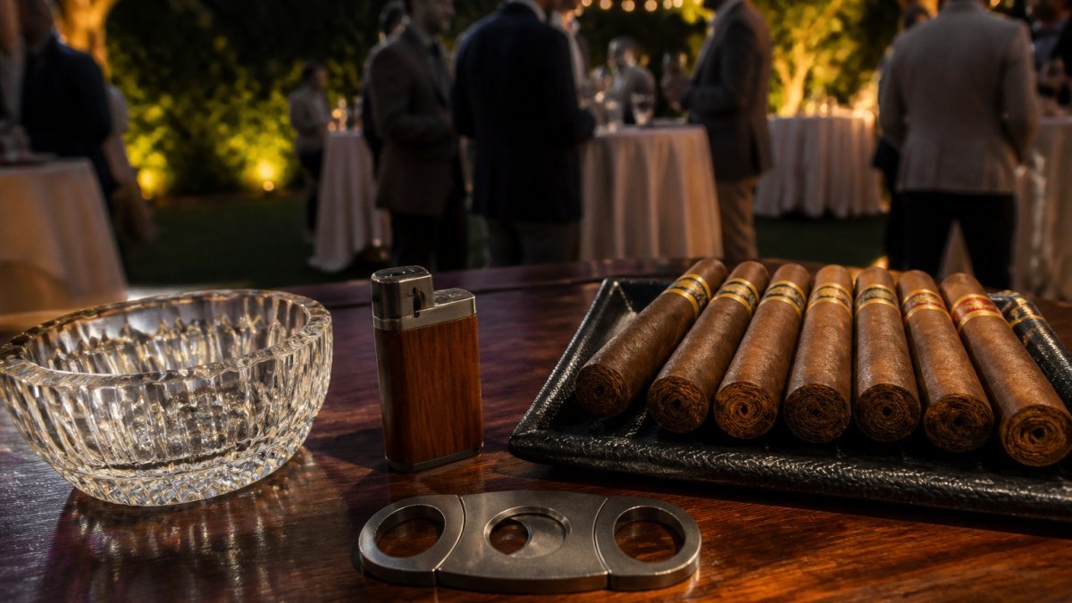 Infographic diagram showing the proper setup of premium cigars for special events and essential etiquette.