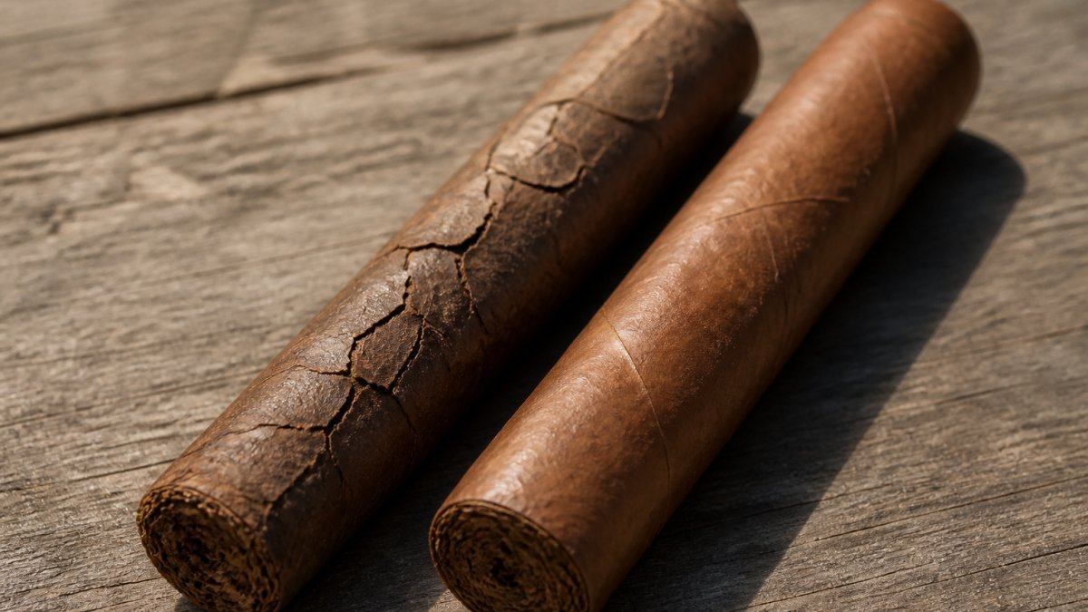 Close-up of a dried-out cigar showing visible wrapper cracks, brittle texture, and faded color next to a properly humidified cigar with smooth, supple wrapper in natural daylight